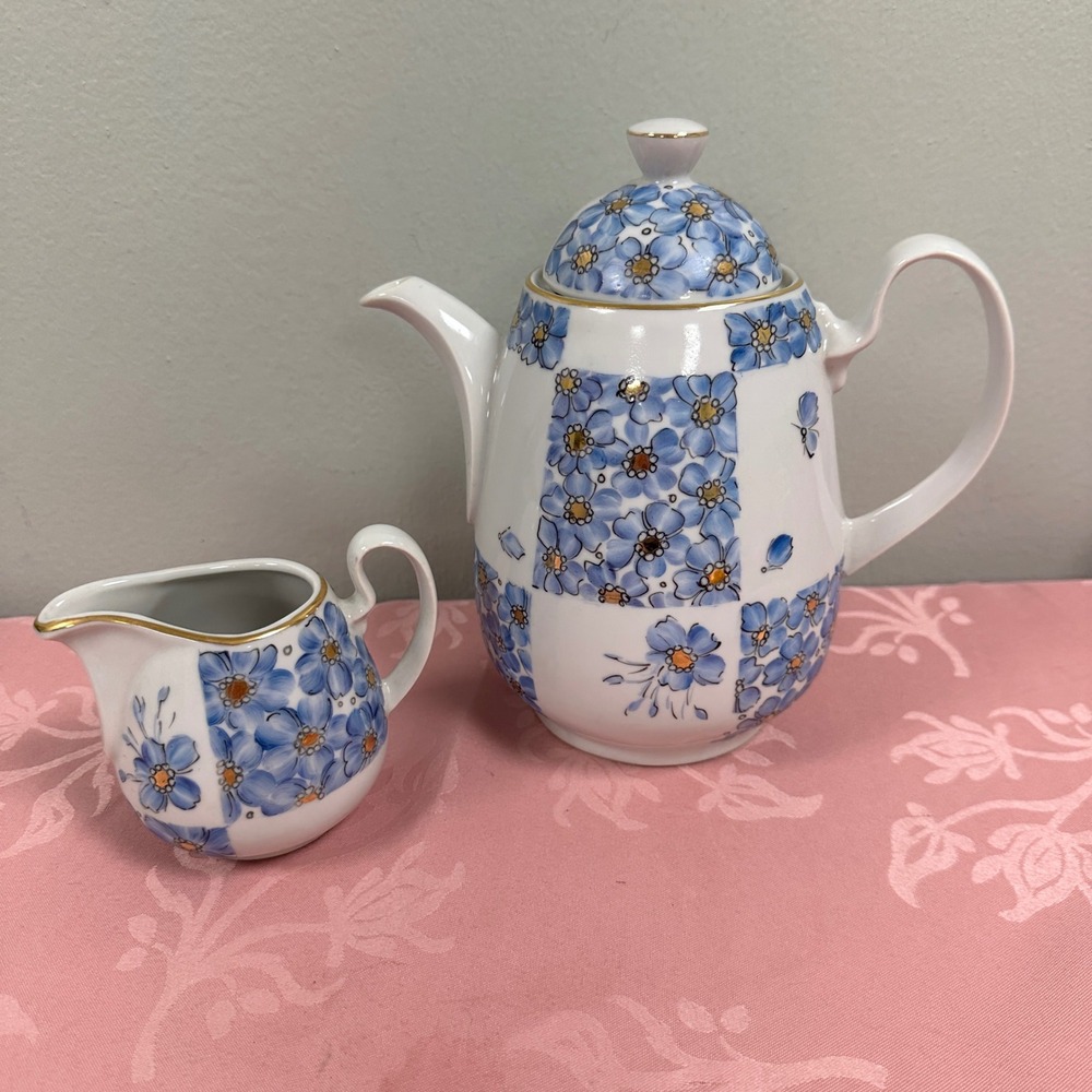 Vintage Blue Floral Patchwork Ceramic Teapot and Creamer Set Gold Trim Accent